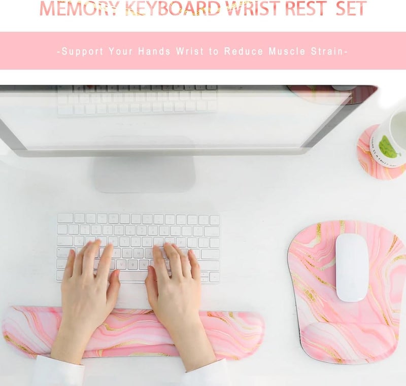 Yunoble Memory Foam Ergonomic Keyboard Wrist Rest Pad and Mouse Wrist Rest Support Mouse Pad Set for Office Gaming Easy Typing-Pink Fluid - Image 2